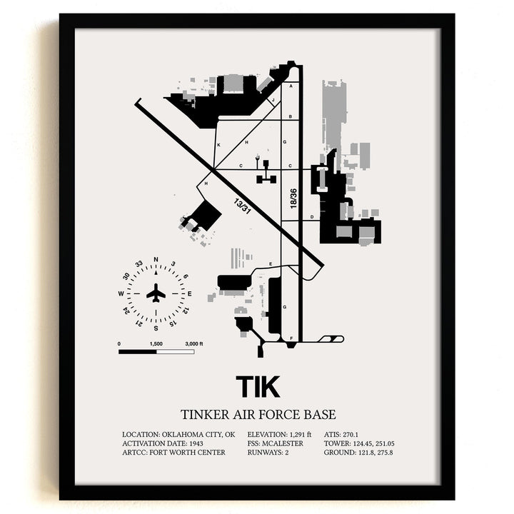 Framed Detailed Airport Map of Tinker Air Force Base (TIK) in White with a Black Frame