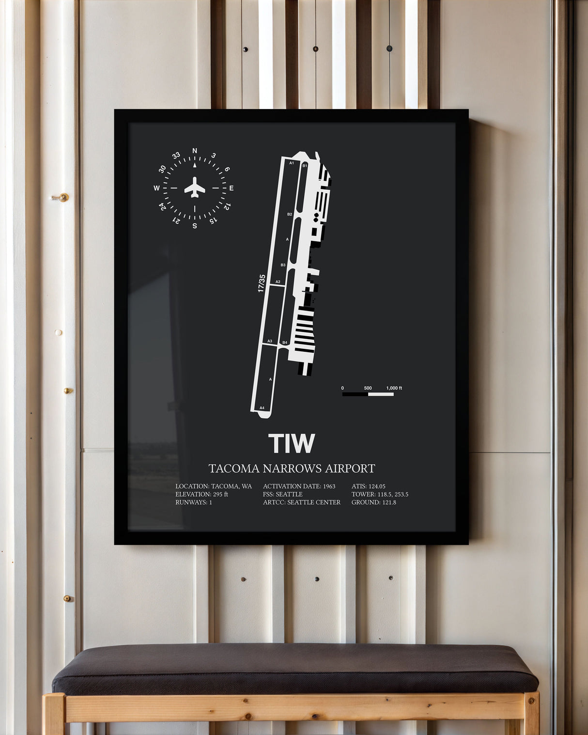 Framed Detailed Airport Map of Tacoma Narrows Airport (TIW) in Gray with a Black Frame
