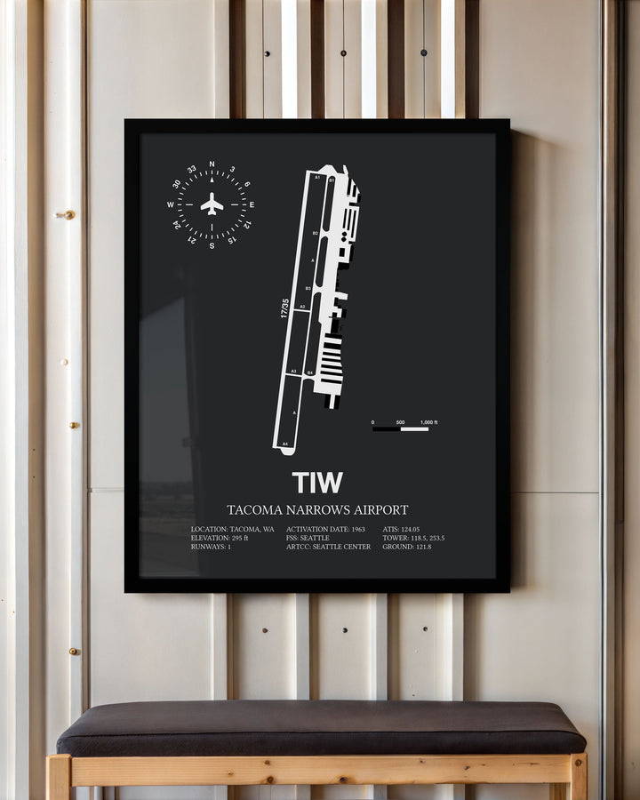 Framed Detailed Airport Map of Tacoma Narrows Airport (TIW) in Gray with a Black Frame