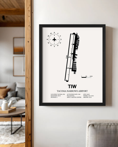 Framed Detailed Airport Map of Tacoma Narrows Airport (TIW) in White with a Black Frame