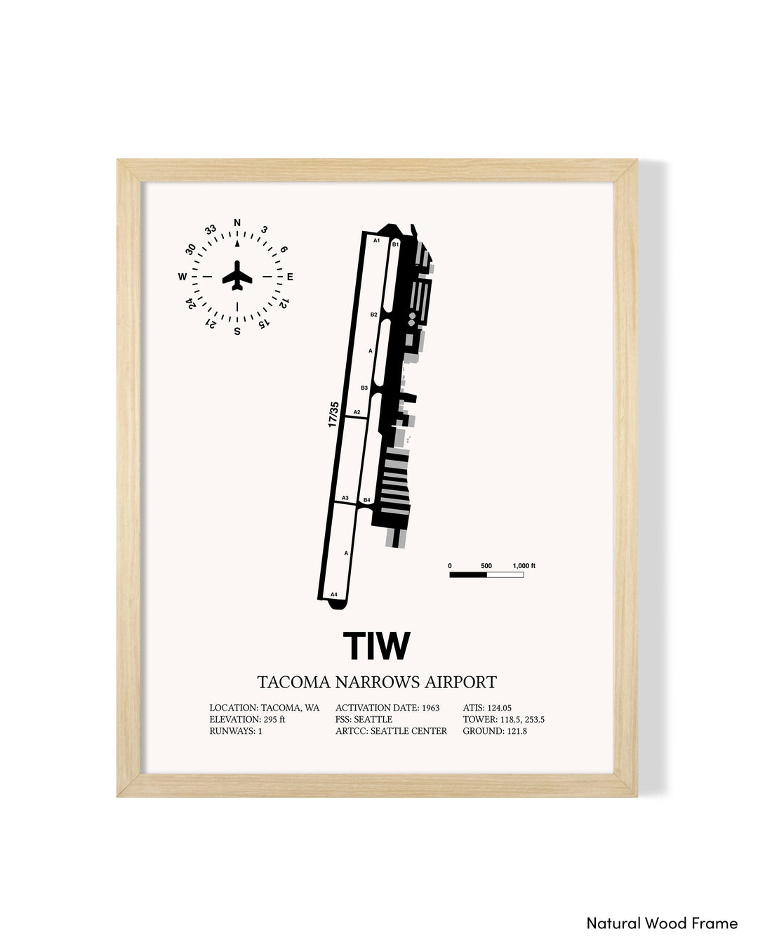 Detailed Airport Map of Tacoma Narrows Airport (TIW) in White with a Natural Frame