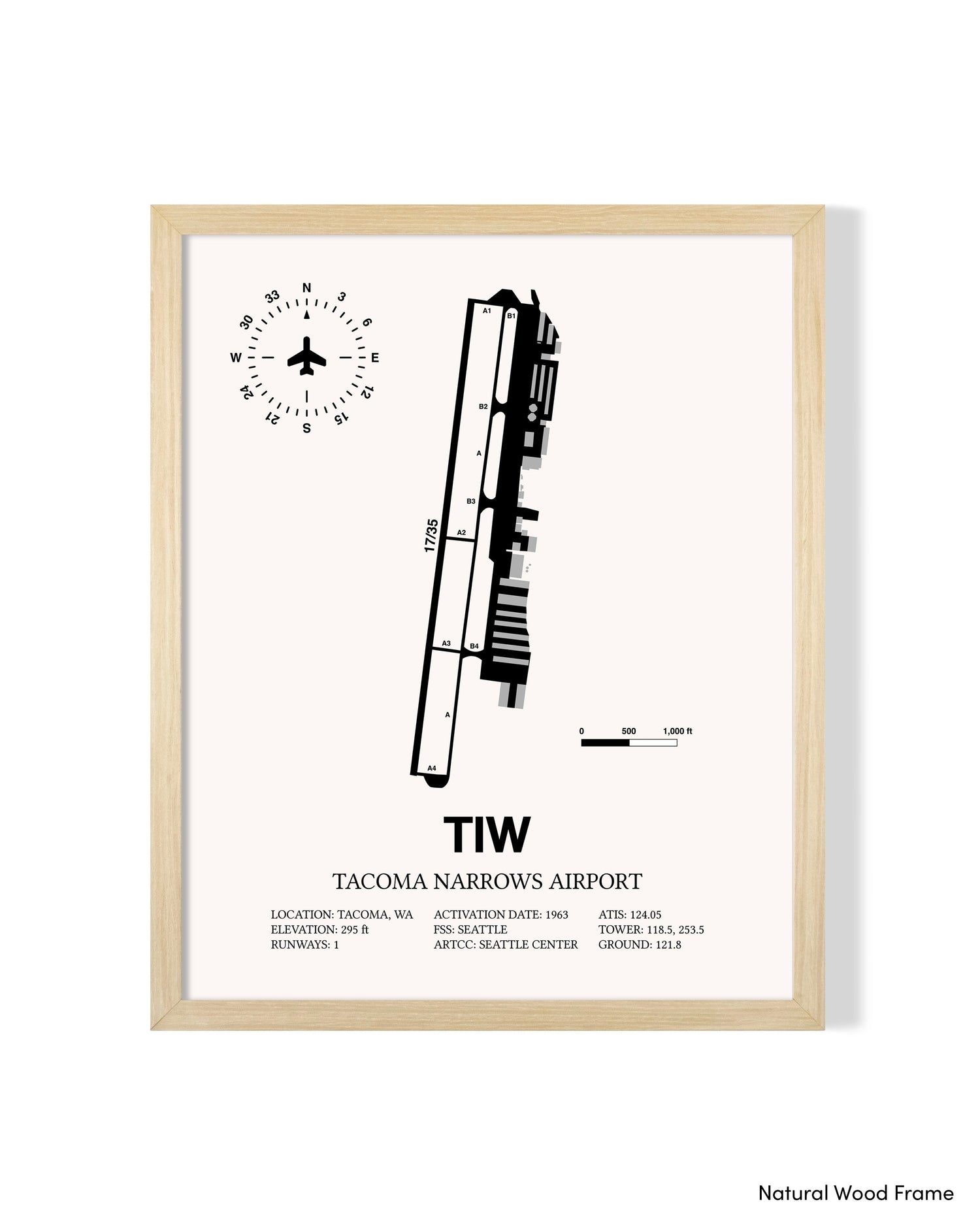 Detailed Airport Map of Tacoma Narrows Airport (TIW) in White with a Natural Frame