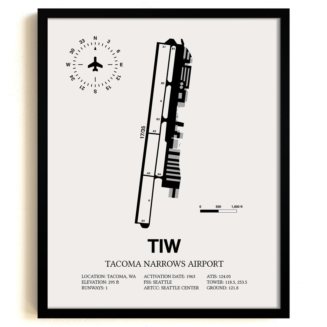 Framed Detailed Airport Map of Tacoma Narrows Airport (TIW) in White with a Black Frame