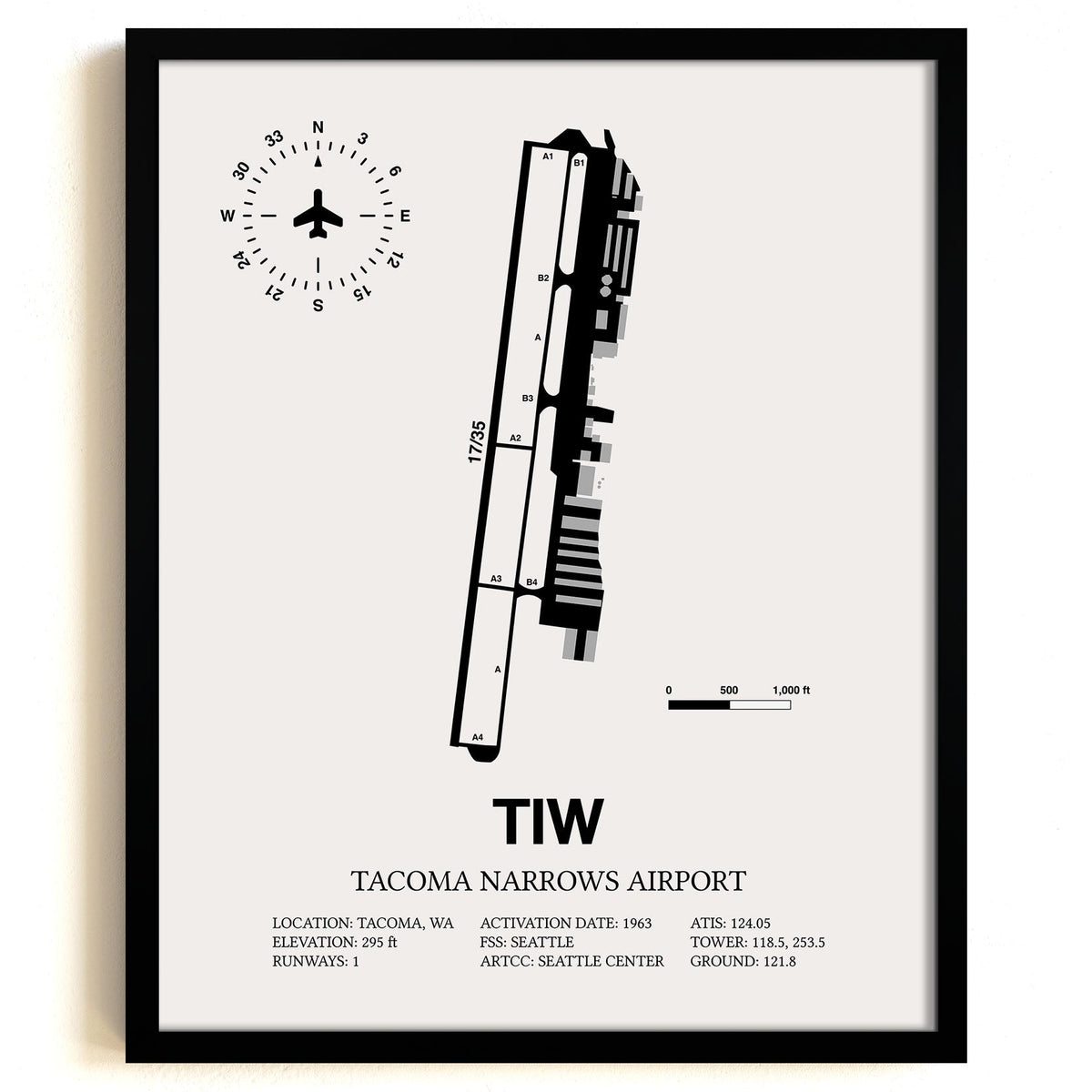 Framed Detailed Airport Map of Tacoma Narrows Airport (TIW) in White with a Black Frame
