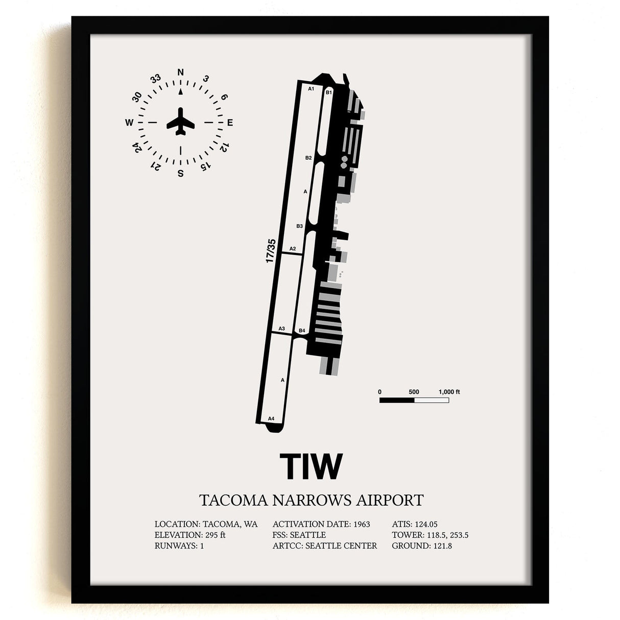 Framed Detailed Airport Map of Tacoma Narrows Airport (TIW) in White with a Black Frame