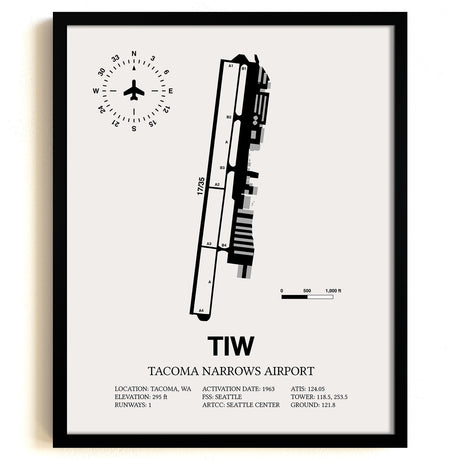 Framed Detailed Airport Map of Tacoma Narrows Airport (TIW) in White with a Black Frame