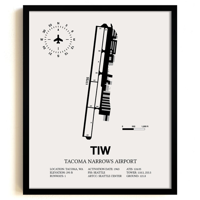 Framed Detailed Airport Map of Tacoma Narrows Airport (TIW) in White with a Black Frame
