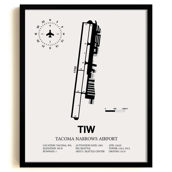 Framed Detailed Airport Map of Tacoma Narrows Airport (TIW) in White with a Black Frame