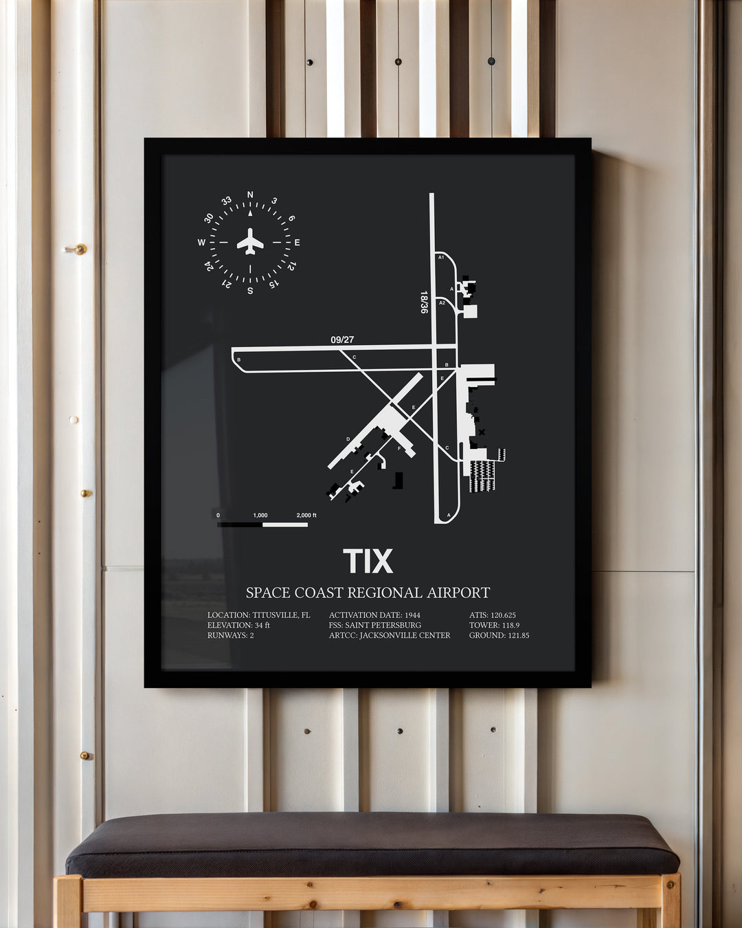 Framed Detailed Airport Map of Space Coast Regional Airport (TIX) in Gray with a Black Frame