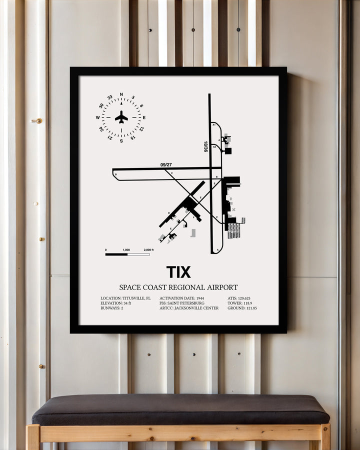 Framed Detailed Airport Map of Space Coast Regional Airport (TIX) in White with a Black Frame