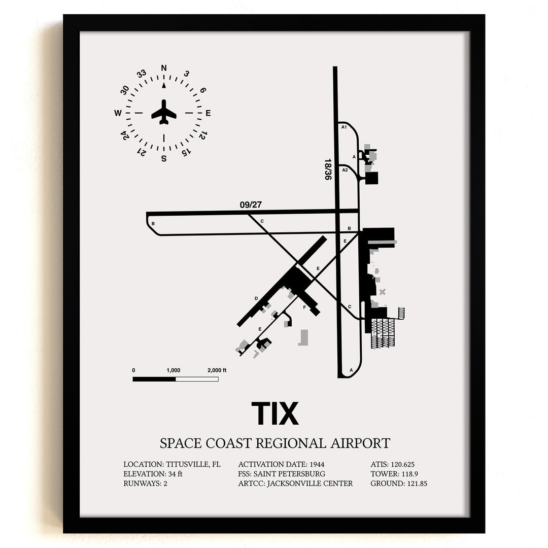 Framed Detailed Airport Map of Space Coast Regional Airport (TIX) in White with a Black Frame