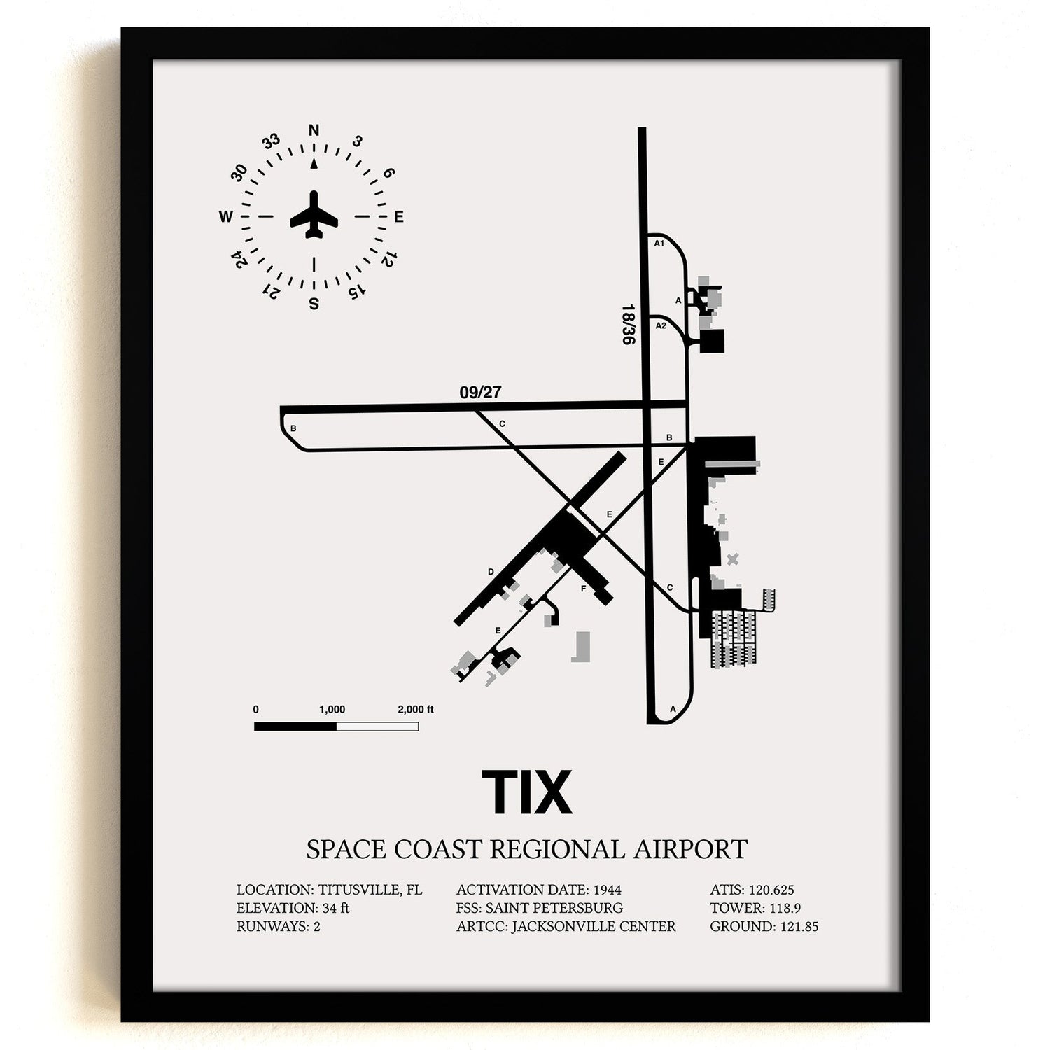 Framed Detailed Airport Map of Space Coast Regional Airport (TIX) in White with a Black Frame
