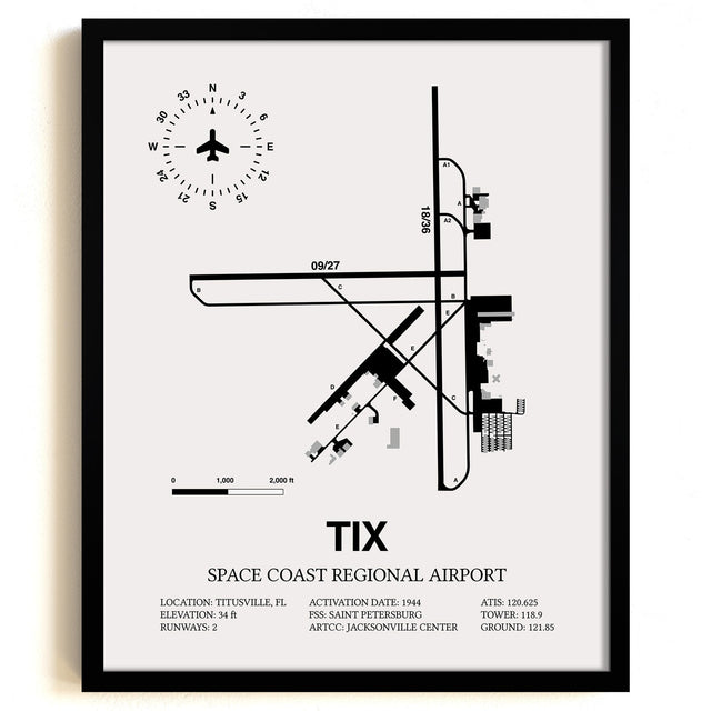 Framed Detailed Airport Map of Space Coast Regional Airport (TIX) in White with a Black Frame