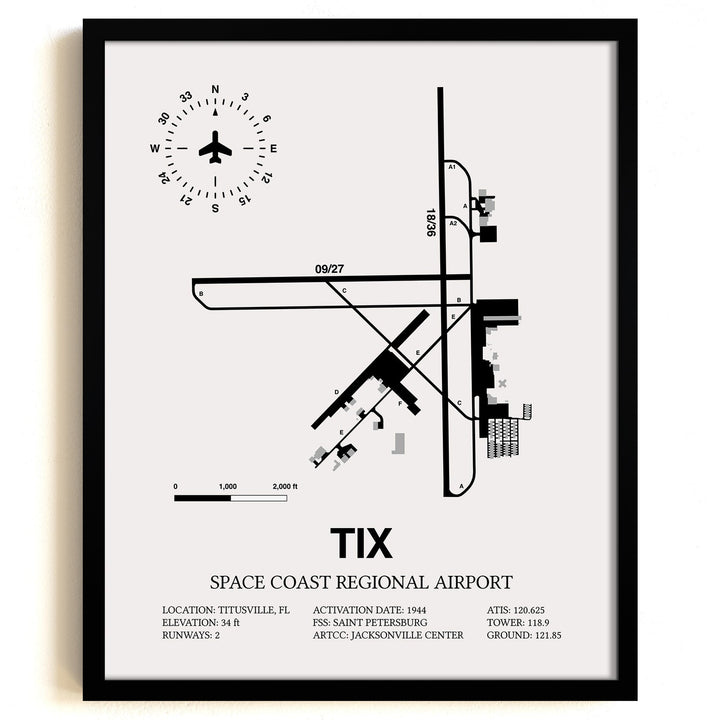 Framed Detailed Airport Map of Space Coast Regional Airport (TIX) in White with a Black Frame