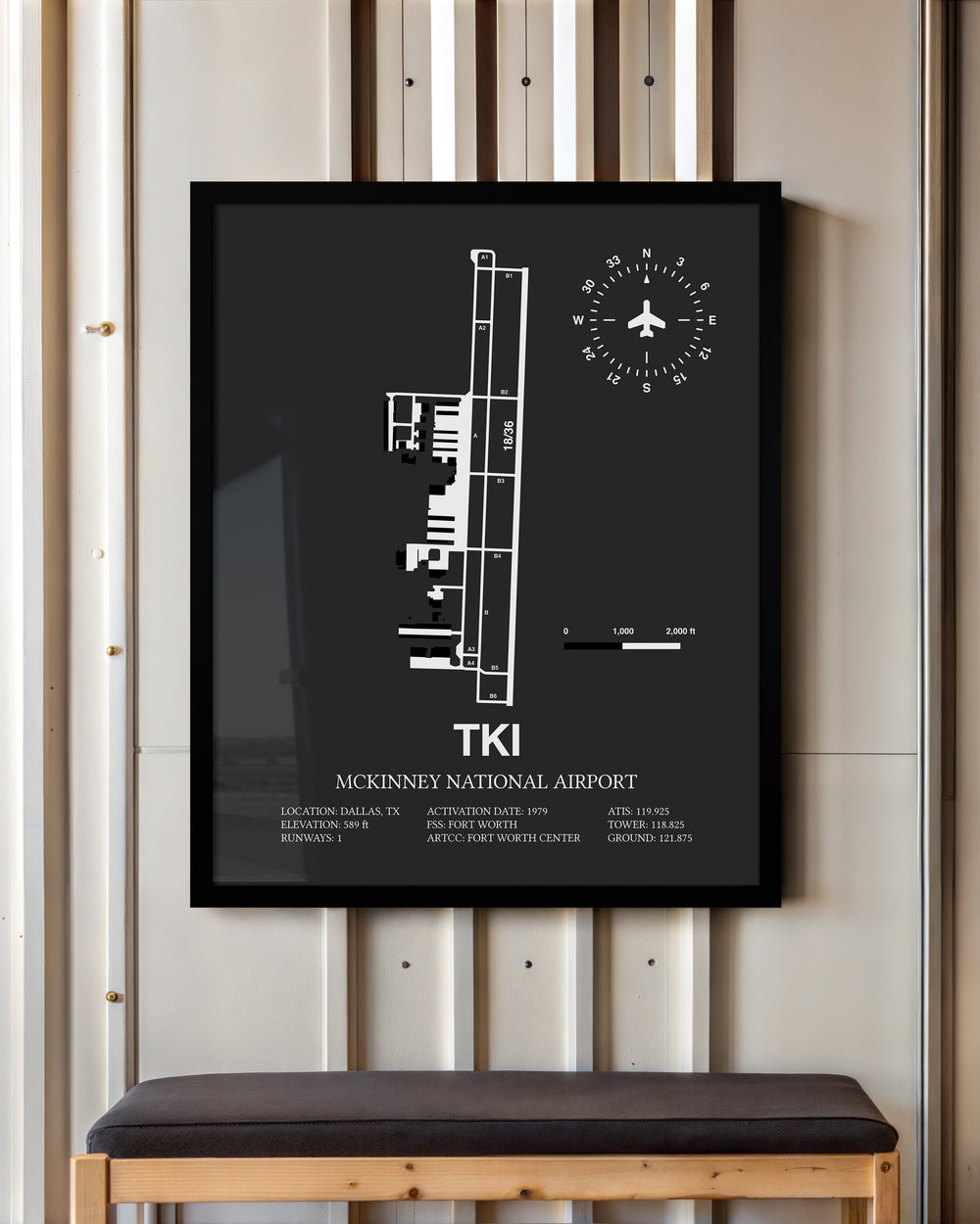Framed Detailed Airport Map of McKinney National Airport (TKI) in Gray with a Black Frame
