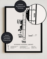 Framed Detailed Airport Map of McKinney National Airport (TKI) in White with a Black Frame