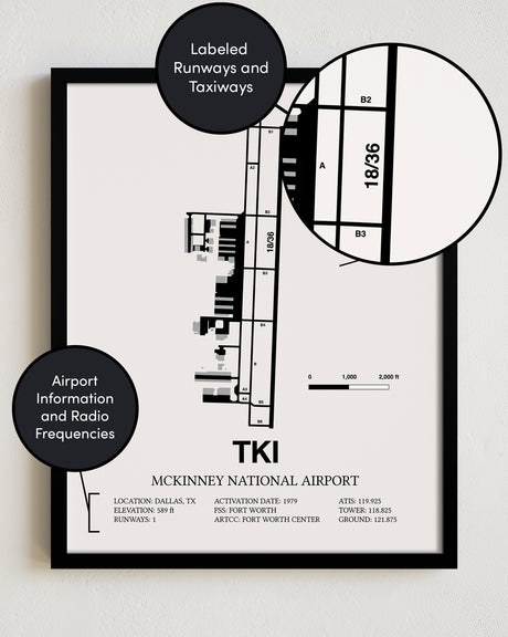 Framed Detailed Airport Map of McKinney National Airport (TKI) in White with a Black Frame