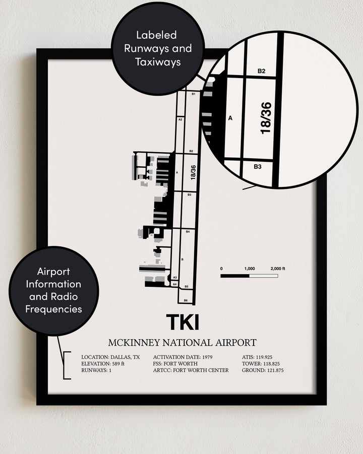Framed Detailed Airport Map of McKinney National Airport (TKI) in White with a Black Frame