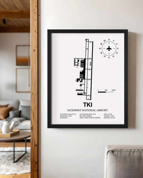 Framed Detailed Airport Map of McKinney National Airport (TKI) in White with a Black Frame