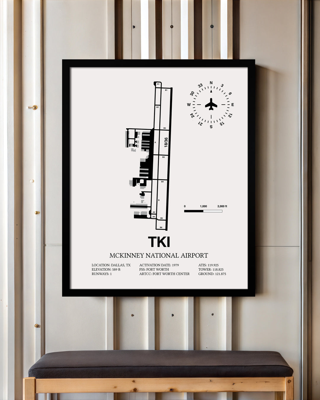 Framed Detailed Airport Map of McKinney National Airport (TKI) in White with a Black Frame