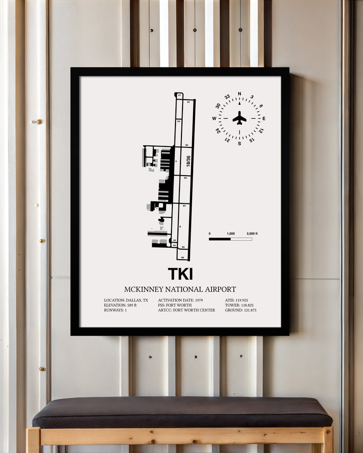 Framed Detailed Airport Map of McKinney National Airport (TKI) in White with a Black Frame