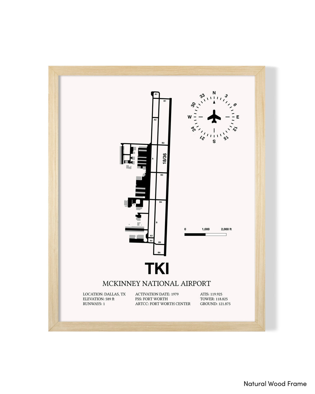 Detailed Airport Map of McKinney National Airport (TKI) in White with a Natural Frame
