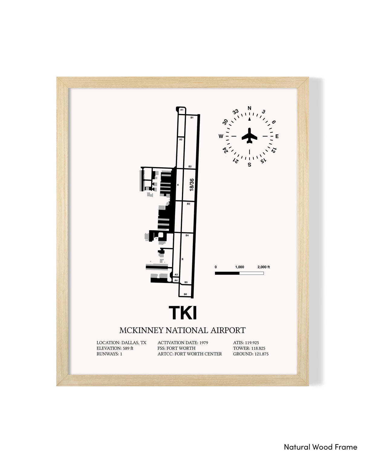 Detailed Airport Map of McKinney National Airport (TKI) in White with a Natural Frame