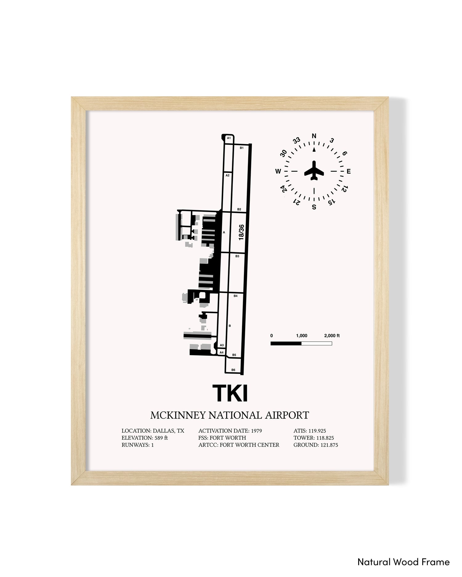 Detailed Airport Map of McKinney National Airport (TKI) in White with a Natural Frame