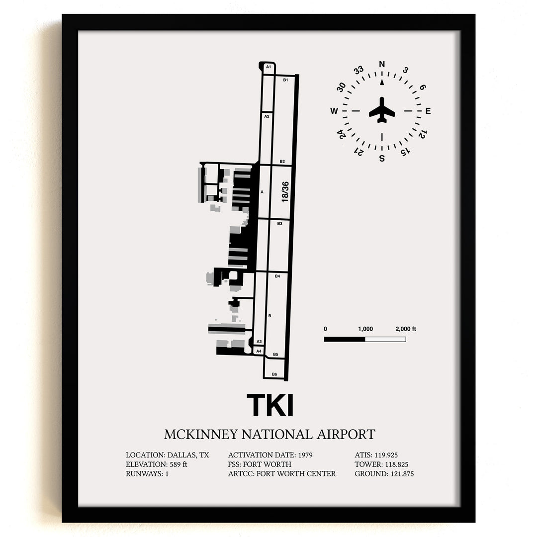 Framed Detailed Airport Map of McKinney National Airport (TKI) in White with a Black Frame
