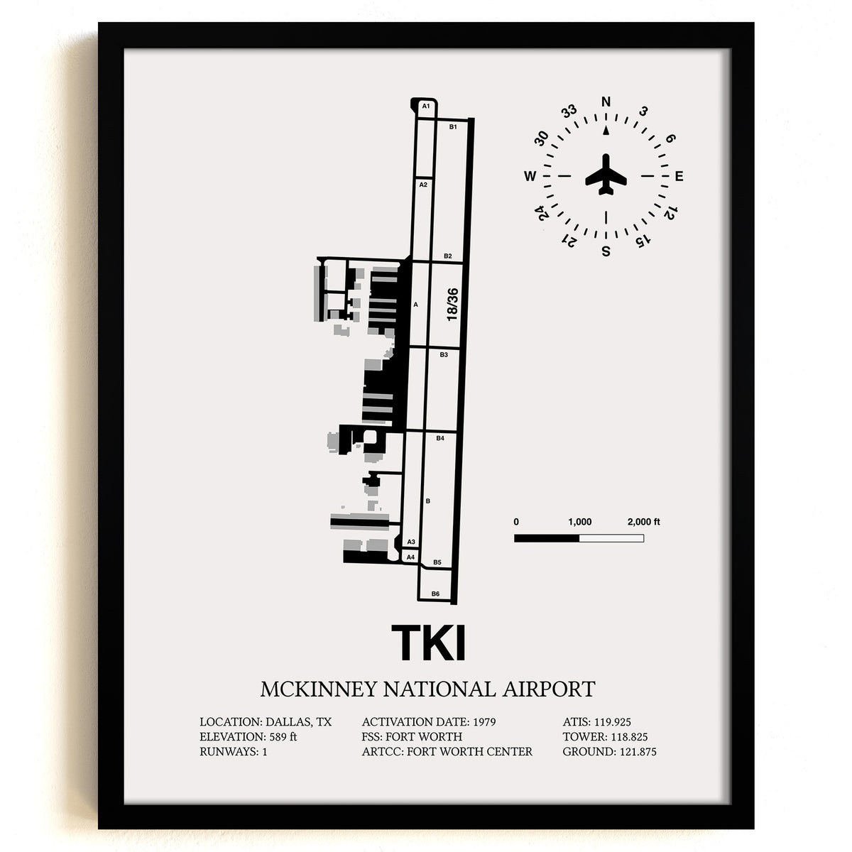 Framed Detailed Airport Map of McKinney National Airport (TKI) in White with a Black Frame