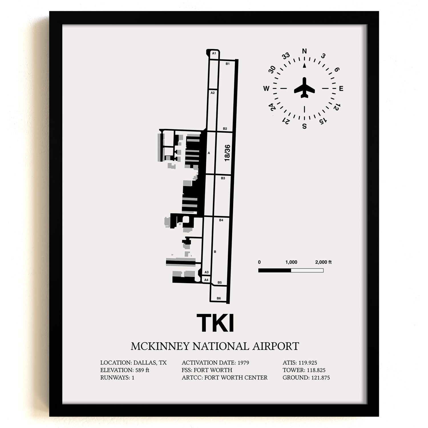 Framed Detailed Airport Map of McKinney National Airport (TKI) in White with a Black Frame
