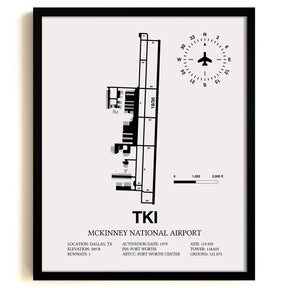 Framed Detailed Airport Map of McKinney National Airport (TKI) in White with a Black Frame