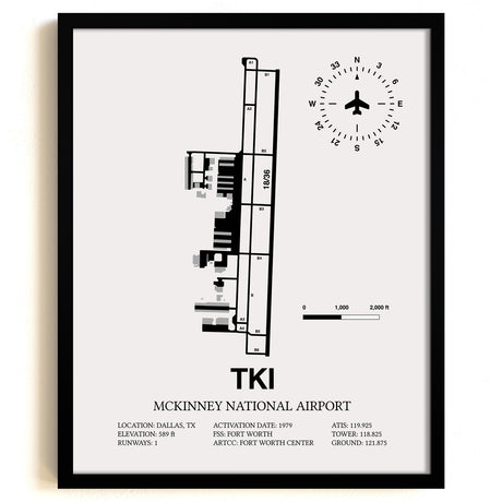 Framed Detailed Airport Map of McKinney National Airport (TKI) in White with a Black Frame