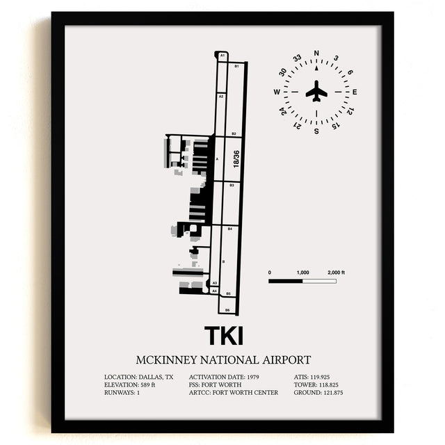 Framed Detailed Airport Map of McKinney National Airport (TKI) in White with a Black Frame