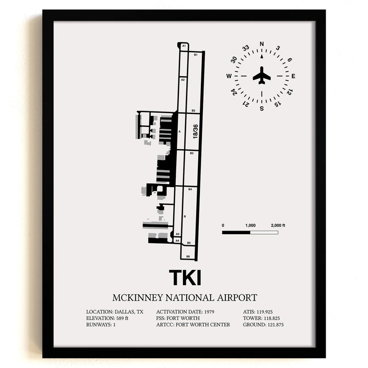 Framed Detailed Airport Map of McKinney National Airport (TKI) in White with a Black Frame
