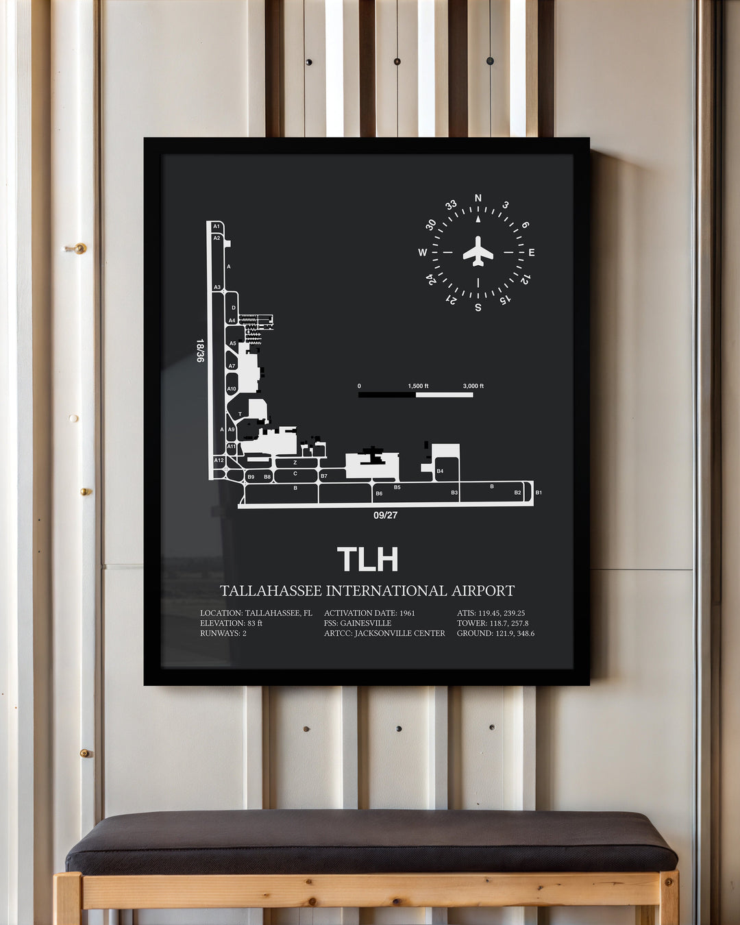 Framed Detailed Airport Map of Tallahassee International Airport (TLH) in Gray with a Black Frame