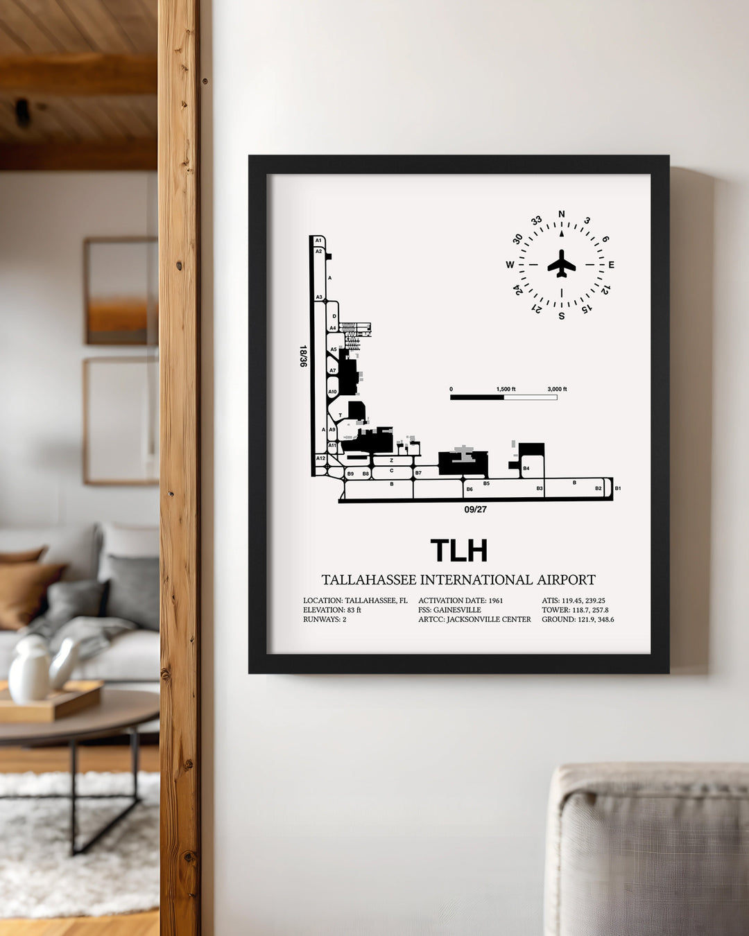 Framed Detailed Airport Map of Tallahassee International Airport (TLH) in White with a Black Frame