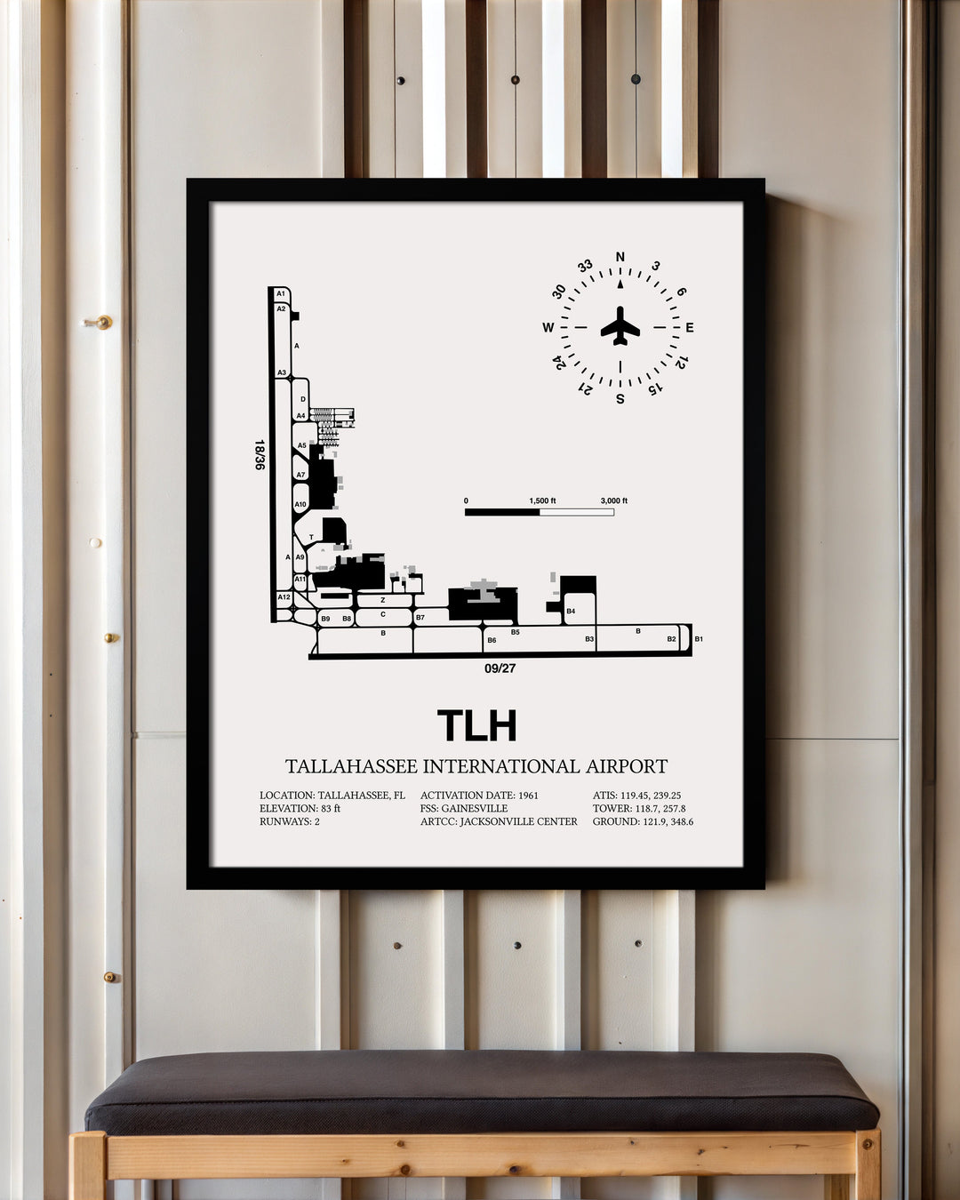 Framed Detailed Airport Map of Tallahassee International Airport (TLH) in White with a Black Frame