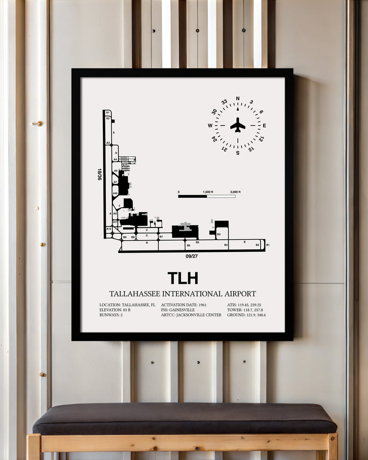 Framed Detailed Airport Map of Tallahassee International Airport (TLH) in White with a Black Frame