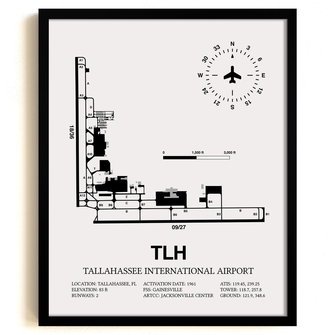 Framed Detailed Airport Map of Tallahassee International Airport (TLH) in White with a Black Frame