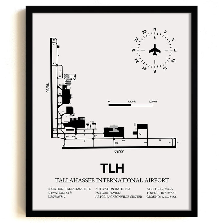 Framed Detailed Airport Map of Tallahassee International Airport (TLH) in White with a Black Frame
