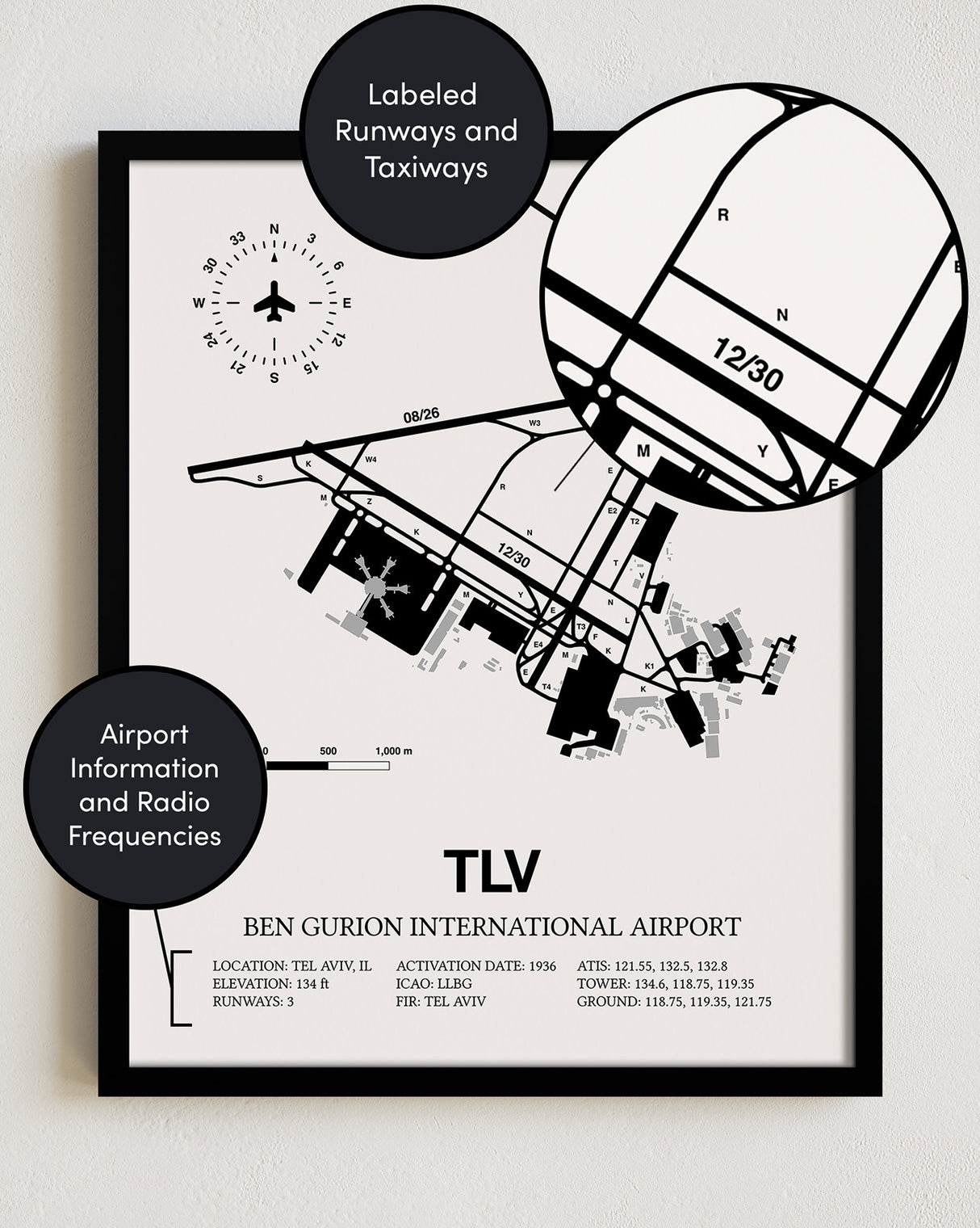 TLV Airport Map, Ben Gurion International Airport Print