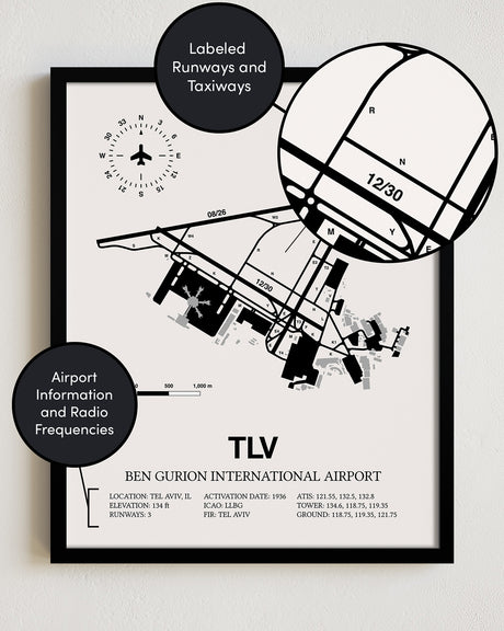 TLV Airport Map, Ben Gurion International Airport Print