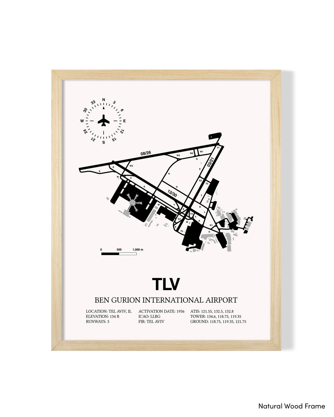 TLV Airport Map, Ben Gurion International Airport Print