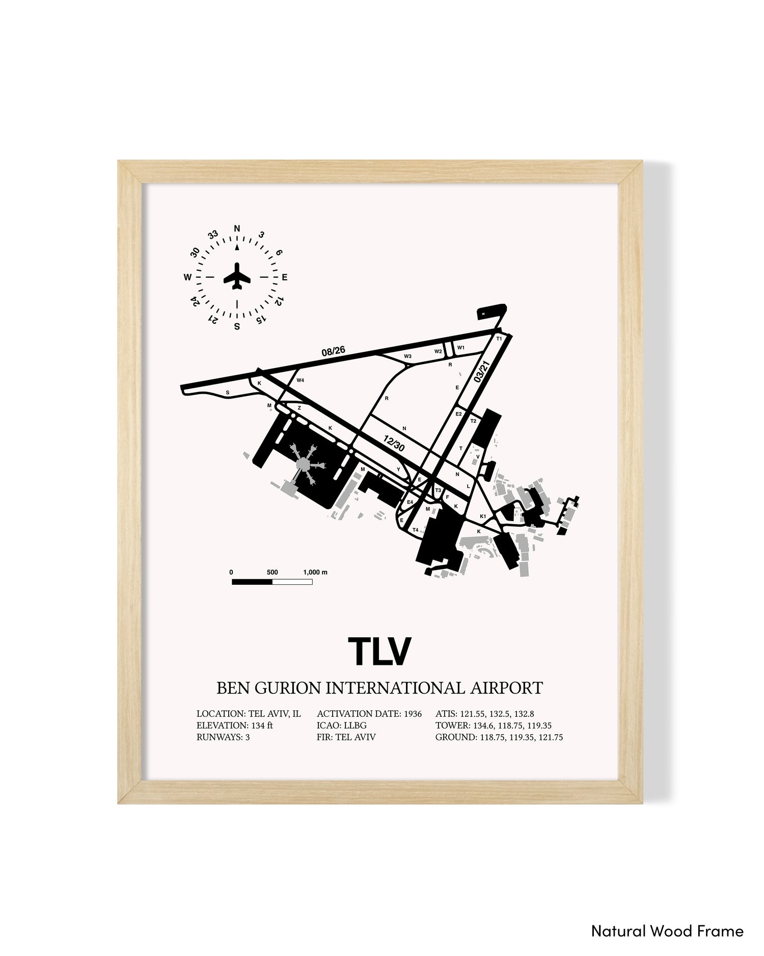 TLV Airport Map, Ben Gurion International Airport Print