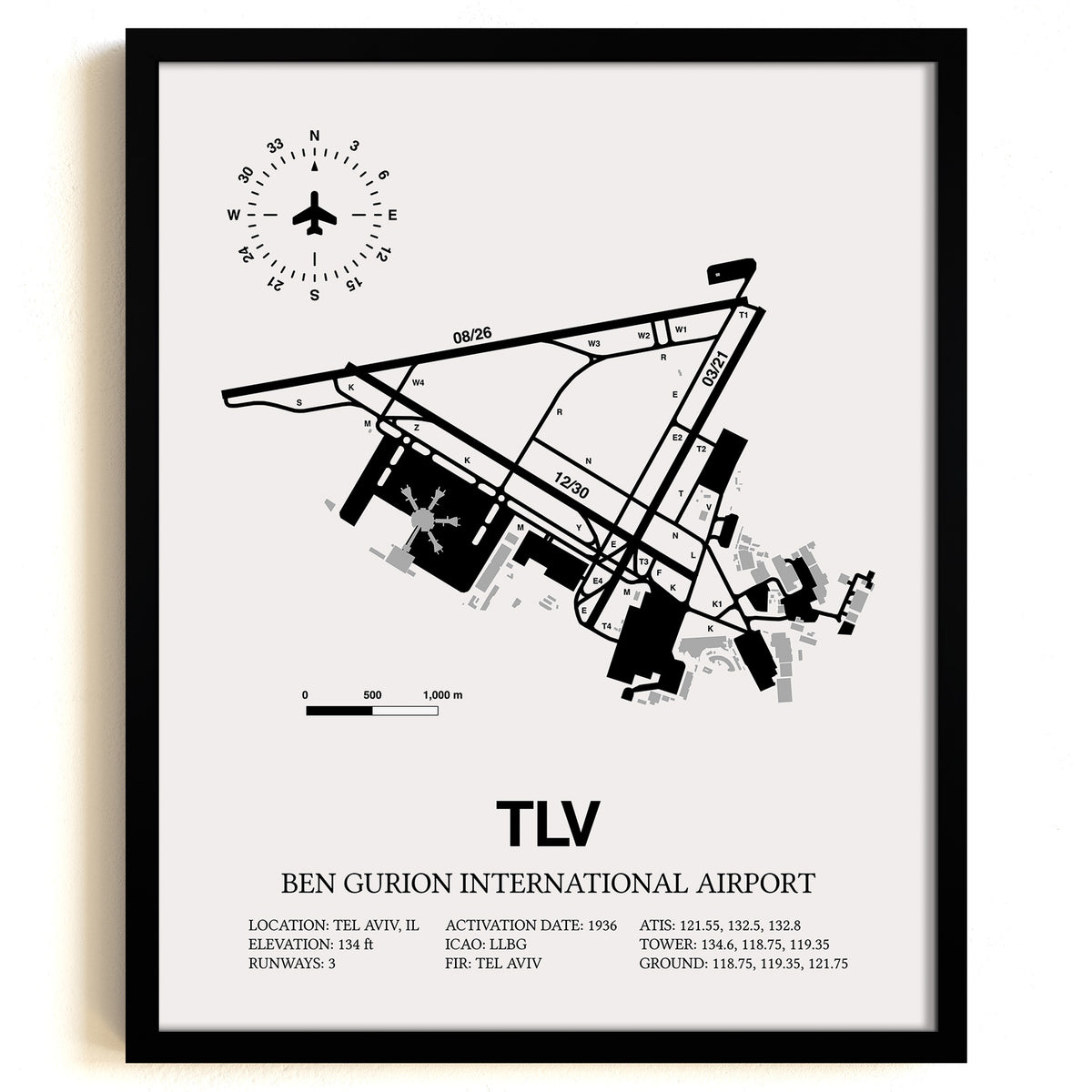 TLV Airport Map, Ben Gurion International Airport Print