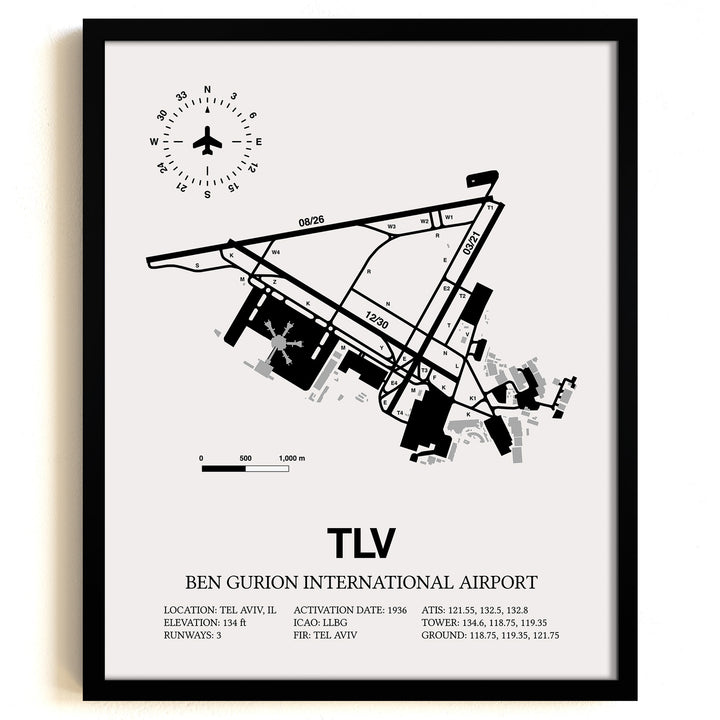 TLV Airport Map, Ben Gurion International Airport Print