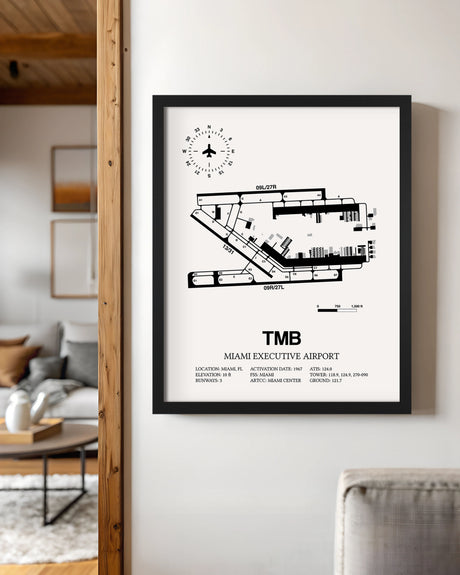 Framed Detailed Airport Map of Miami Executive Airport (TMB) in White with a Black Frame