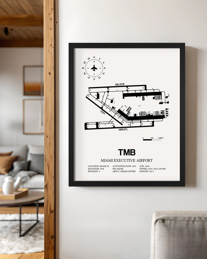 Framed Detailed Airport Map of Miami Executive Airport (TMB) in White with a Black Frame