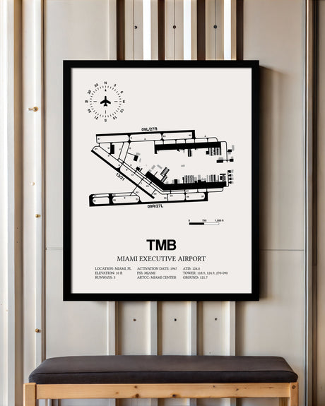 Framed Detailed Airport Map of Miami Executive Airport (TMB) in White with a Black Frame
